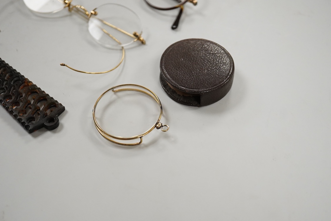 An Edwardian engraved silver spectacle case, by Boots Pure Drug Company, Chester, 1903, one other engraved silver spectacles case, hallmarks rubbed, a pair of 830 standard white metal and niello lorgnettes, two other pai